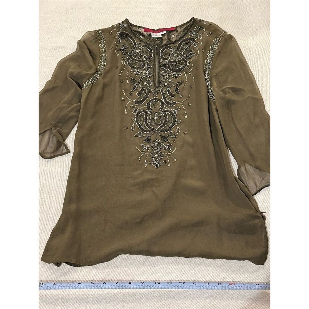 Y2K‎ Emma Black Women's Green Silk Embroidered Blouse Size 6 Boho Fairycore